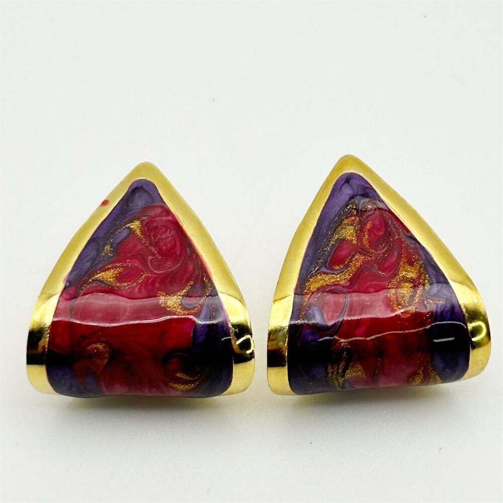 Vintage Red and Purple Swirl Enamel Curved Triangle Stud Earrings Gold Tone